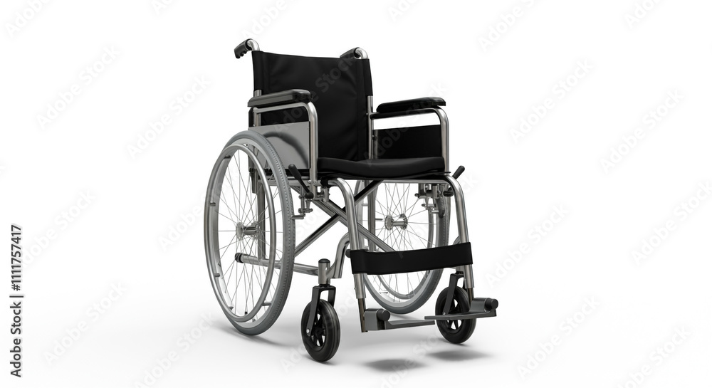 Fototapeta premium Wheelchair featuring a black seat and silver frame, designed for mobility and comfort on a white background