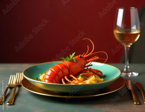 A lobster on green ceramic plate with gold cutlery and a glass of white wine photo