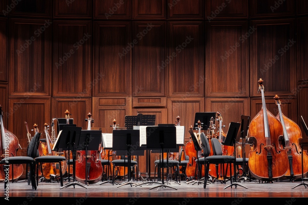 Fototapeta premium Empty stage, string instruments, music stands, chairs.
