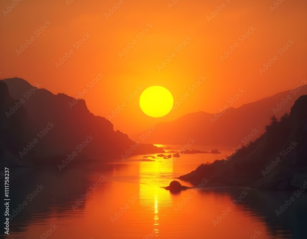 A large orange sun setting over a serene landscape with rocky hills and a calm body of water reflecting the sunset colors A large orange sun setting over a serene landscape with rocky hills and a calm body of water reflecting the sunset colors