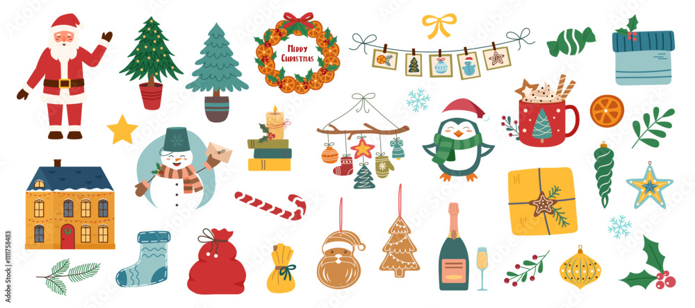 Set of Christmas objects isolated on white background. Christmas elements collection. Vector clipart. Set of Christmas objects isolated on white background. Christmas elements collection. Vector clipart.