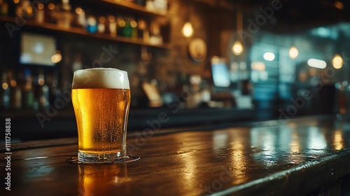 A glass of beer on a bar counter in a pub.