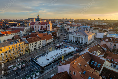 Aerial winter evening view of Vilnius old town, Christmas Open Air Ice Skating Rink, Lithuania