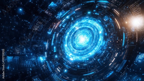 A futuristic digital spiral resembling a vortex or portal in a cosmic environment.