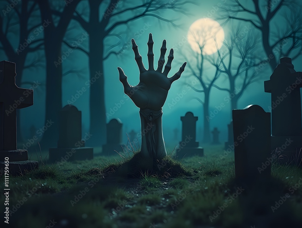 Nightmarish Graveyard: A Zombie Hand Rises from the Tomb Under the Eerie Moonlight Nightmarish Graveyard: A Zombie Hand Rises from the Tomb Under the Eerie Moonlight