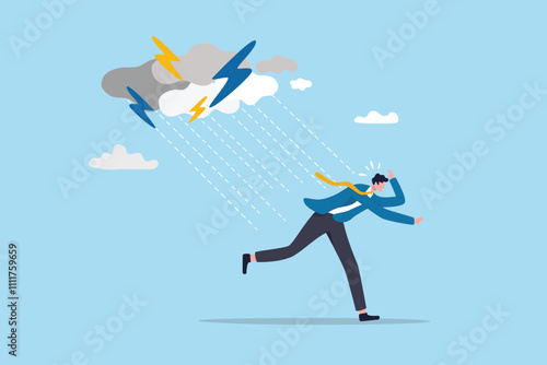 Runaway from crisis, catastrophe misfortune situation, escape from disaster, bankruptcy or danger failure, overworked, anxiety or work stress concept, businessman run away from thunder storm raining.