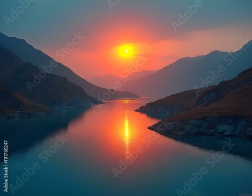 A large orange sun setting dramatically over rugged brown hills, illuminating a calm lake that mirrors the brilliant colors of the sky with a clear reflection.