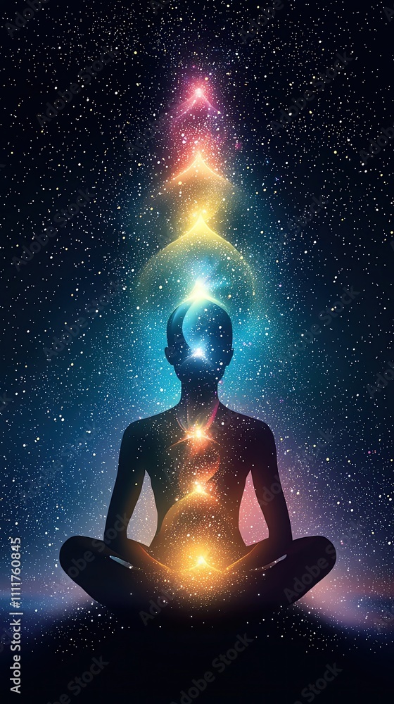 A silhouette meditating with vibrant energy colors. A silhouette meditating with vibrant energy colors.