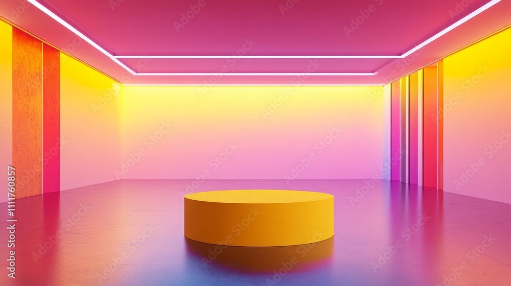 Empty interior space with a centrally placed yellow pedestal and a vivid gradient floor-to-ceiling background Empty interior space with a centrally placed yellow pedestal and a vivid gradient floor-to-ceiling background