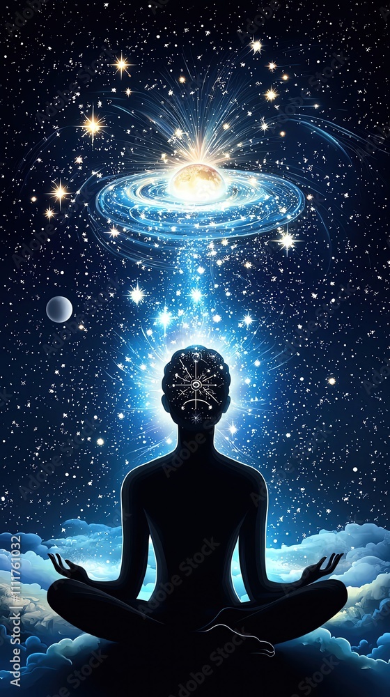 Meditative figure in cosmic space with stars. Meditative figure in cosmic space with stars.
