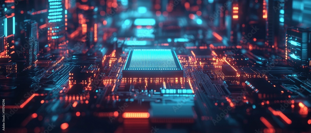 A futuristic circuit board with glowing elements, representing advanced technology. A futuristic circuit board with glowing elements, representing advanced technology.