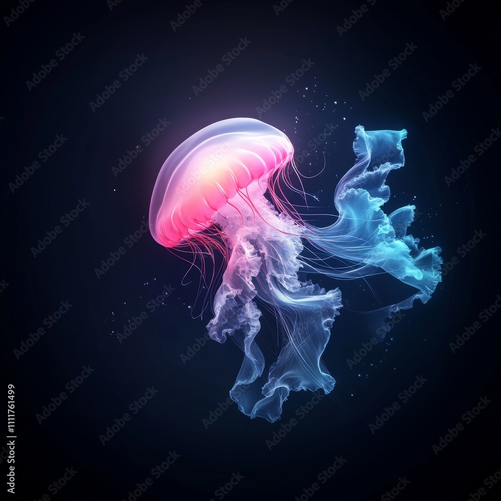 A jellyfish with a blue and pink tail is floating in the water A jellyfish with a blue and pink tail is floating in the water