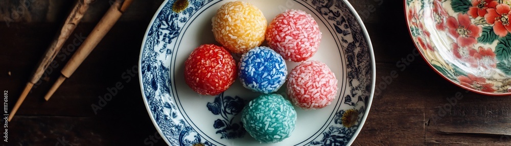 Vibrant Glutinous Rice Cakes on Porcelain Plate for Lunar New Year Vibrant Glutinous Rice Cakes on Porcelain Plate for Lunar New Year