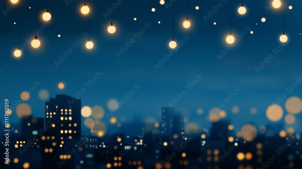 City skyline illuminated by hanging lights at dusk, showcasing vibrant colors and a festive atmosphere City skyline illuminated by hanging lights at dusk, showcasing vibrant colors and a festive atmosphere