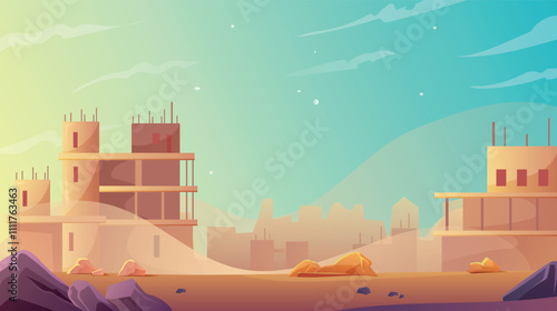 Vector illustration of unfinished buildings in a desert with sand, rocks, and a warm sunset in the background. A futuristic landscape with an atmosphere of abandonment and a post-apocalyptic mood  
