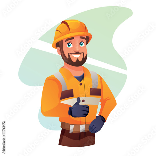 Vector illustration of a smiling construction worker in a helmet and vest, giving a thumbs-up gesture. A character in bright workwear on an abstract background  
