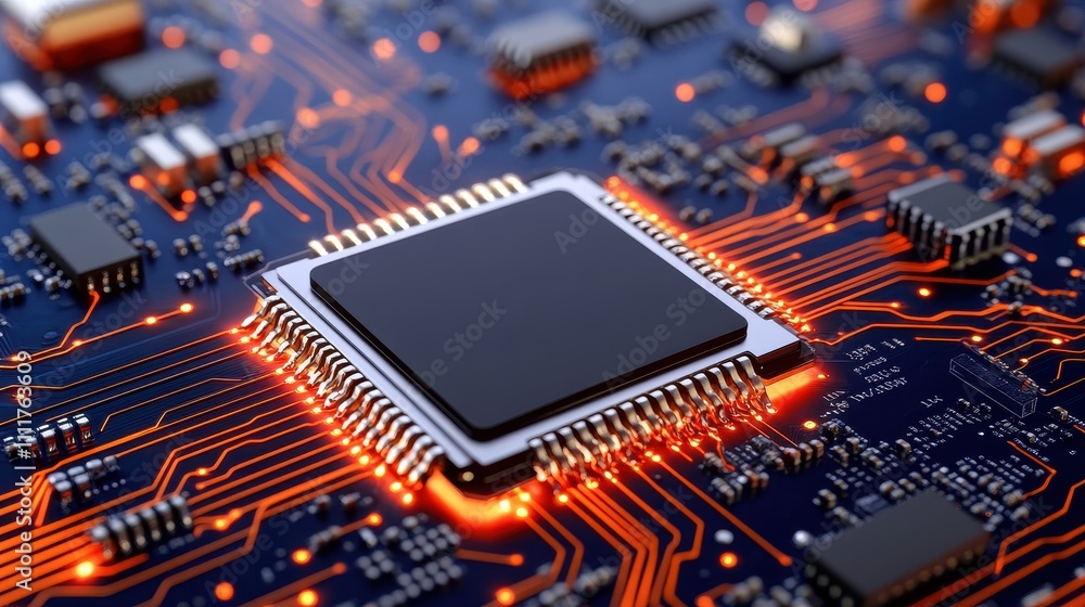 Close-Up View of a Microprocessor on a Circuit Board with Illuminated Connections Close-Up View of a Microprocessor on a Circuit Board with Illuminated Connections