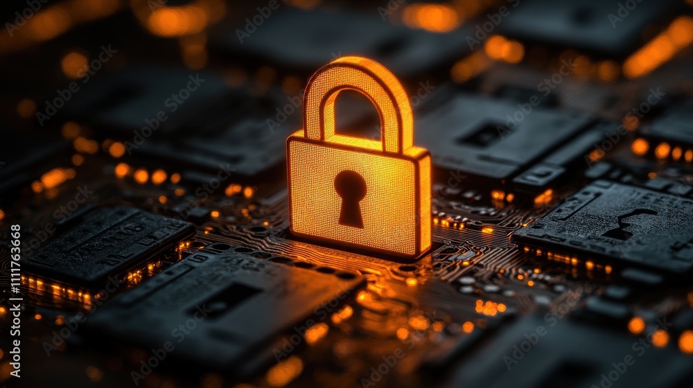 Digital Security Concept with Lock Symbol on Circuit Board Background Digital Security Concept with Lock Symbol on Circuit Board Background