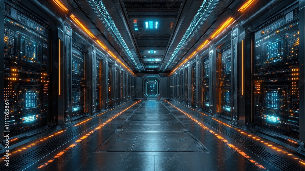 Futuristic Data Center Corridor with High-Tech Servers and Neon Lighting Effects Futuristic Data Center Corridor with High-Tech Servers and Neon Lighting Effects