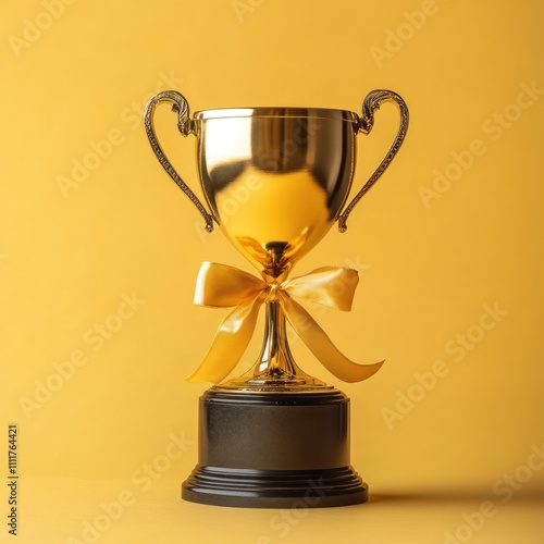 A golden trophy with a ribbon tied around it, isolated on a pastel yellow background. photo