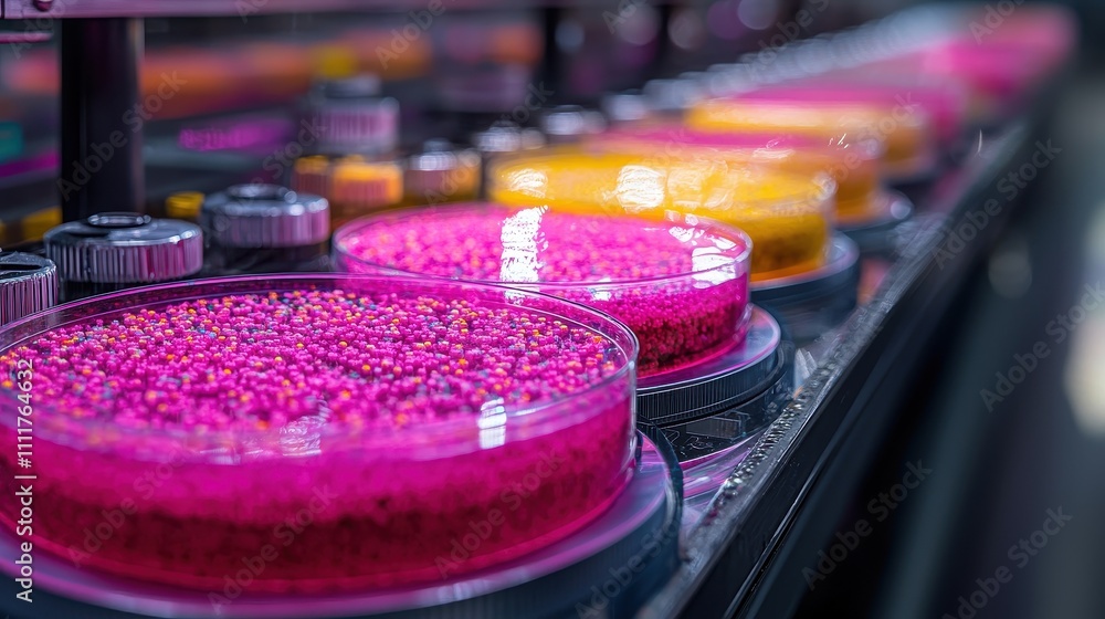 Colorful Petri Dishes with Vibrant Beads in a Laboratory Setting Colorful Petri Dishes with Vibrant Beads in a Laboratory Setting