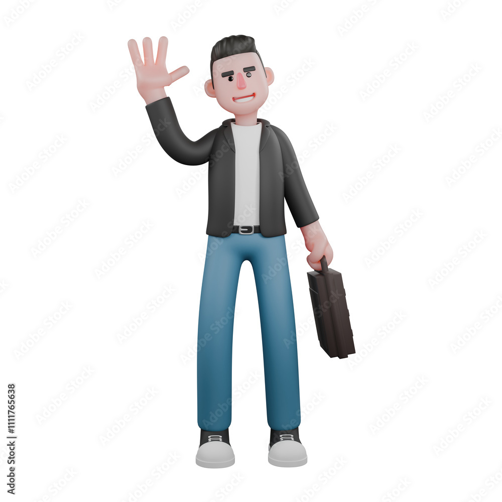 Cartoon Cameraman Design in 3D Creative Style. A male cameraman stands with his right hand waving, and holding a briefcase in his left hand, as if greeting. Illustration Art Cartoon Cameraman Design in 3D Creative Style. A male cameraman stands with his right hand waving, and holding a briefcase in his left hand, as if greeting. Illustration Art