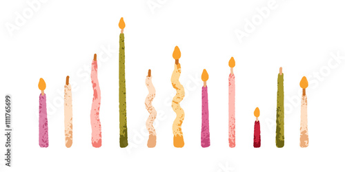Festive candles set. Birthday party decoration in modern style. Taper, spiral, curved stick designs. Decorative holiday accessories, lit decor. Flat vector illustration isolated on white background