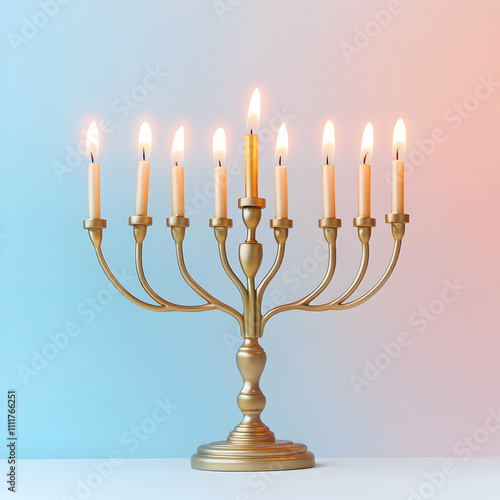 Golden Menorah with Lit Candles, Illustration