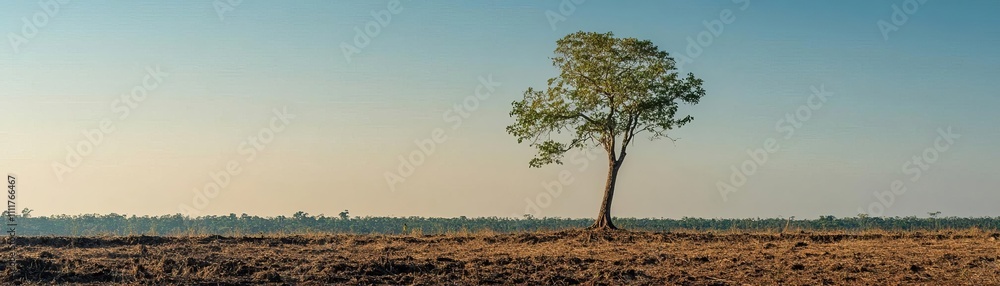 A single tree standing in a deforested area, powerful image of deforestation and habitat loss A single tree standing in a deforested area, powerful image of deforestation and habitat loss