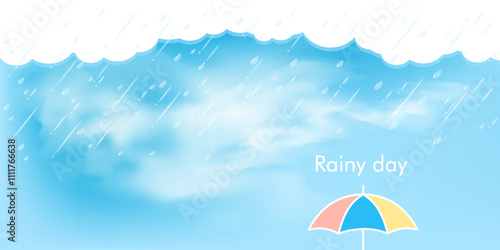 Rain drops on blue background and an colorful umbrella. Falling water drops. Nature rainfall. All layered and grouped. Vector.