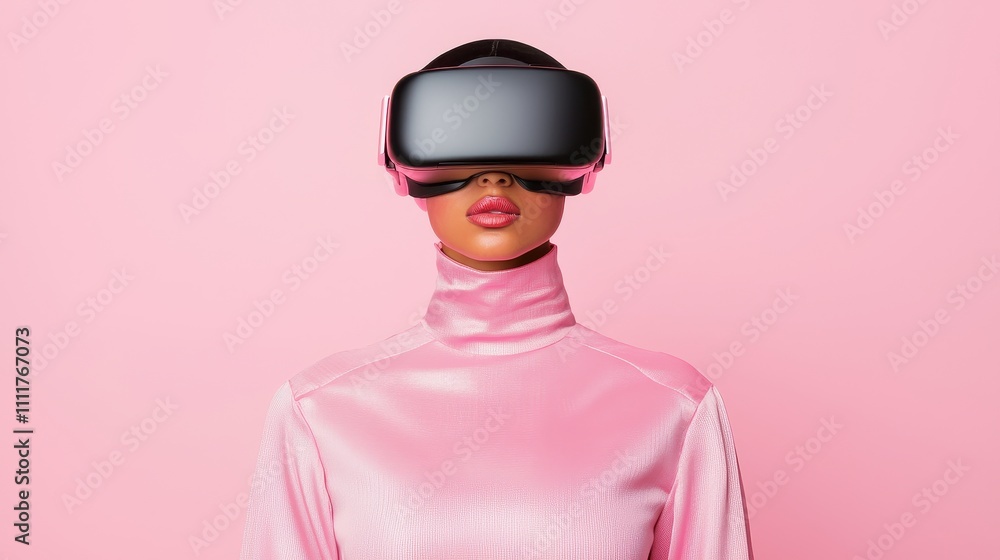 Virtual Reality Experience with Female Model in Stylish Pink Outfit and Headset Virtual Reality Experience with Female Model in Stylish Pink Outfit and Headset