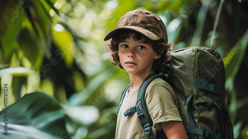 Young boy explores dense jungle while carrying backpack and wearing a cap photo