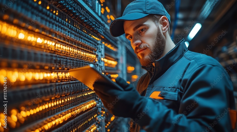 A technician inspects equipment in a data center, using a tablet to monitor systems. A technician inspects equipment in a data center, using a tablet to monitor systems.