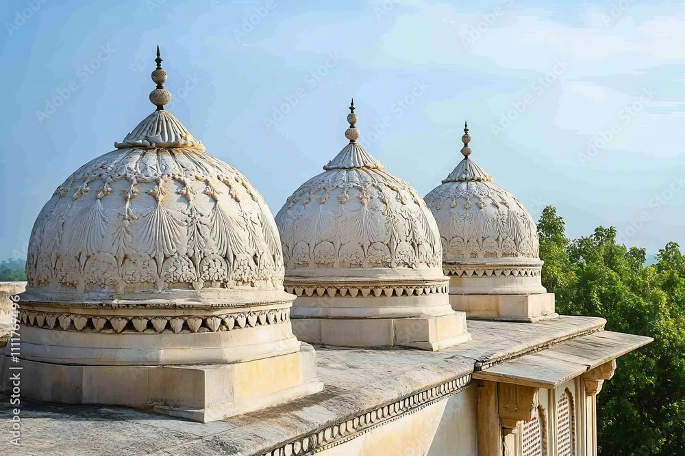 Obraz premium Ornate domes adorn a building's rooftop.