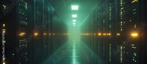 A dimly lit corridor between server racks in a data center.