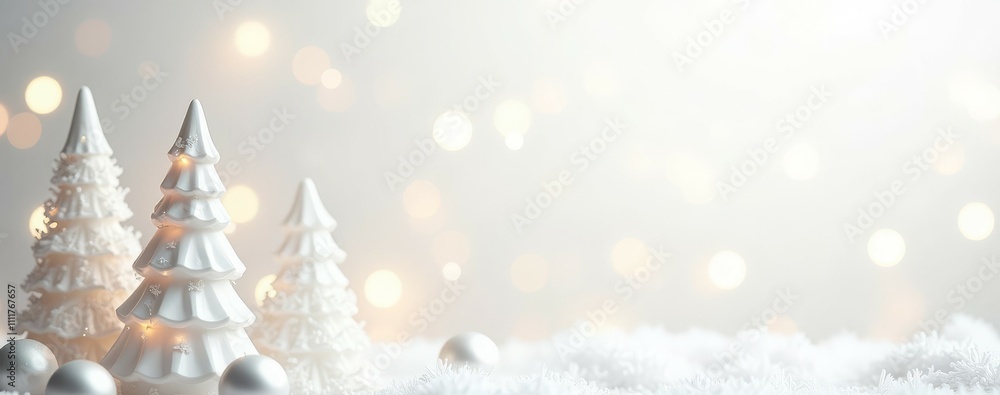 Festive winter scene with white Christmas trees and lights on a snowy background
