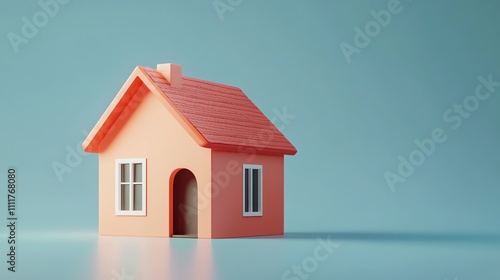 Cute cartoon house with a red roof and a red door on a blue background.