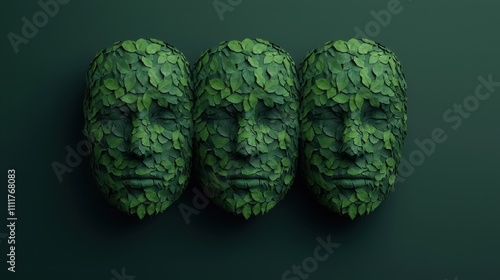 Three Artistic Masks Covered with Green Leaves on a Dark Green Background photo