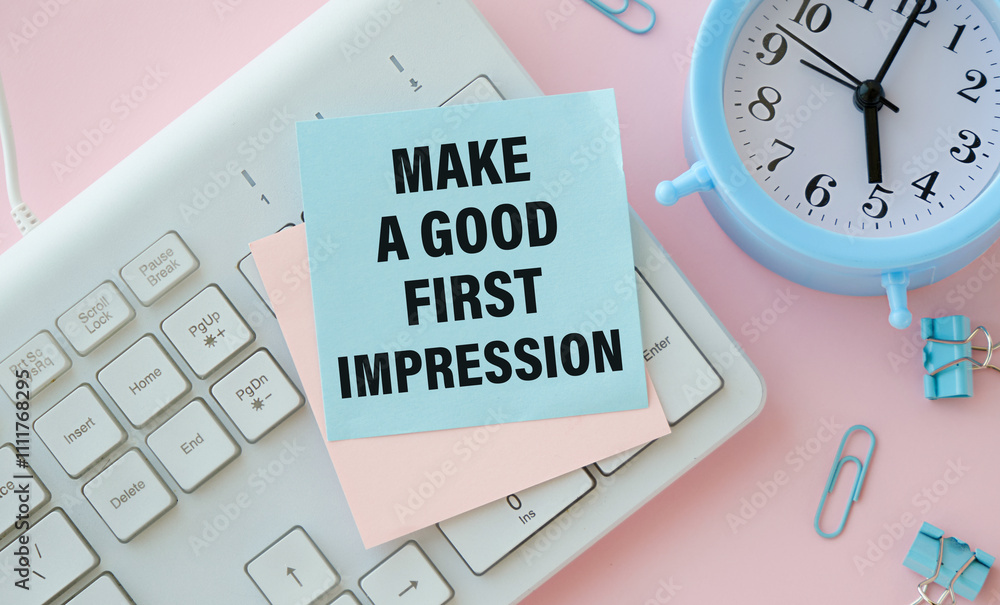 Fototapeta premium Notepad with text MAKE A GOOD FIRST IMPRESSION . White background.