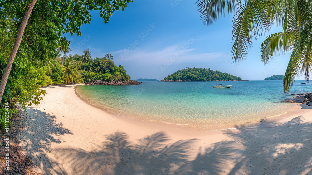 Serene tropical beach with clear water and small islands under a bright blue sky Serene tropical beach with clear water and small islands under a bright blue sky