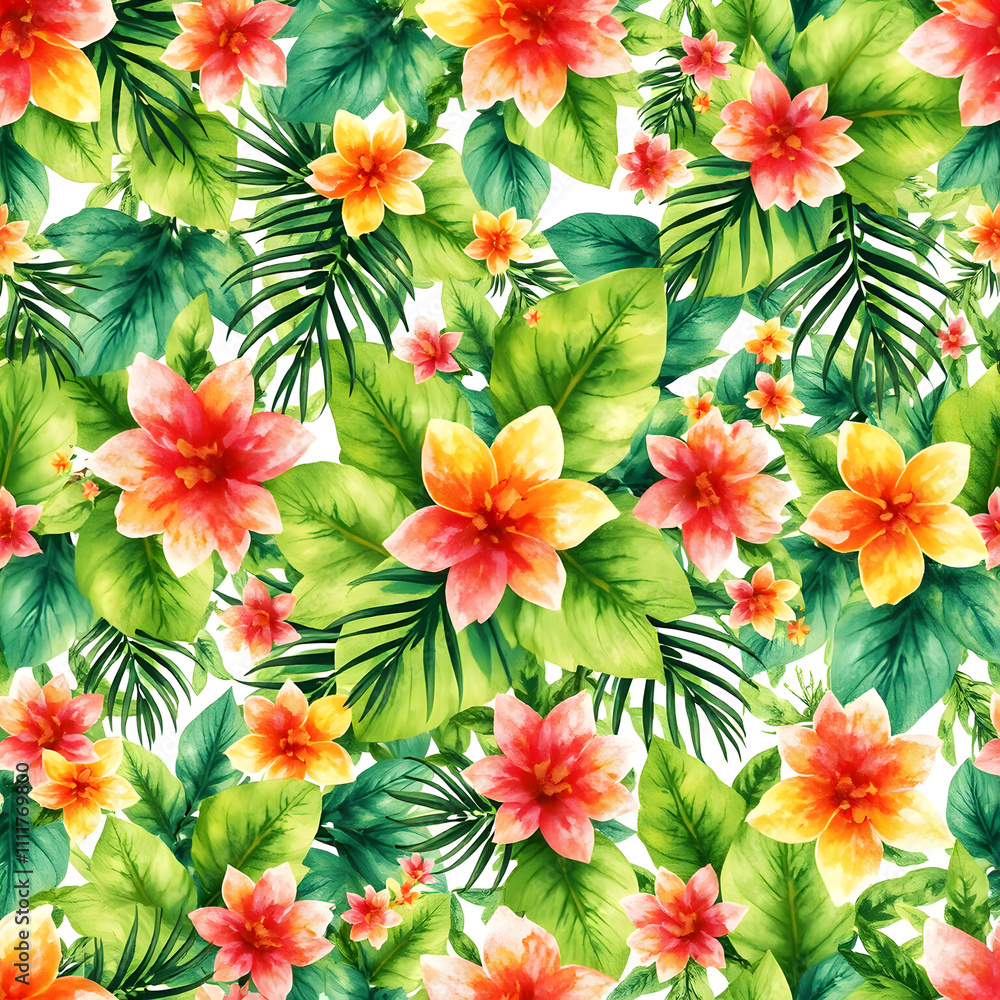 Vibrant seamless watercolor pattern with tropical vibes, featuring lush greens, sunny yellows, and coral pinks Vibrant seamless watercolor pattern with tropical vibes, featuring lush greens, sunny yellows, and coral pinks