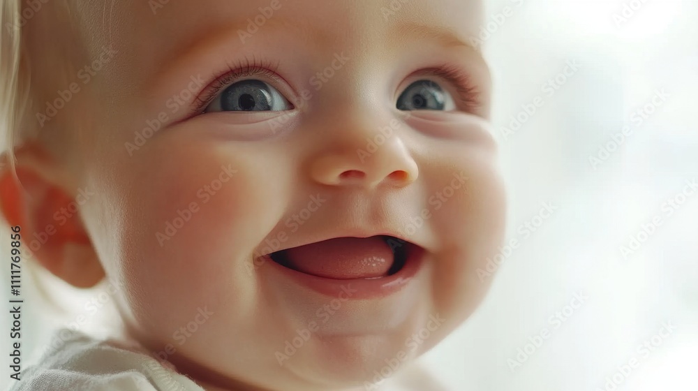 A close-up of a babys soft face with a toothless smile, isolated on a bright white background, ideal for skincare or healthcare ads. A close-up of a babys soft face with a toothless smile, isolated on a bright white background, ideal for skincare or healthcare ads.