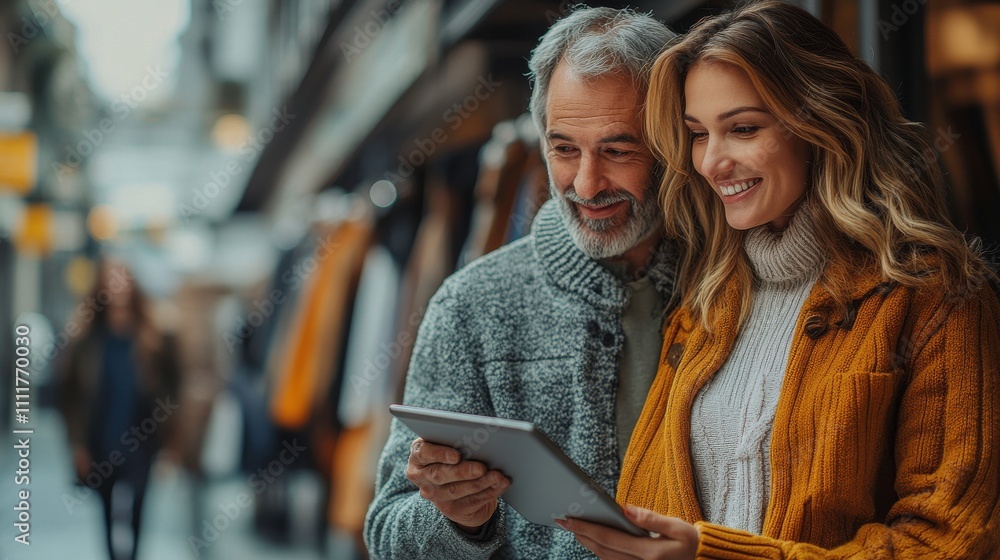 A couple joyfully sharing a moment while looking at a tablet in a shopping area. A couple joyfully sharing a moment while looking at a tablet in a shopping area.