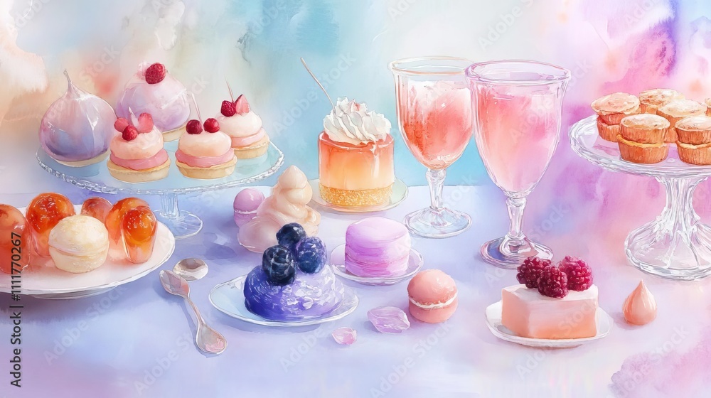 New Year sweets dessert luxury. Premium dessert table setting, crystal glasses and luxurious sweets, Watercolor style New Year sweets dessert luxury. Premium dessert table setting, crystal glasses and luxurious sweets, Watercolor style