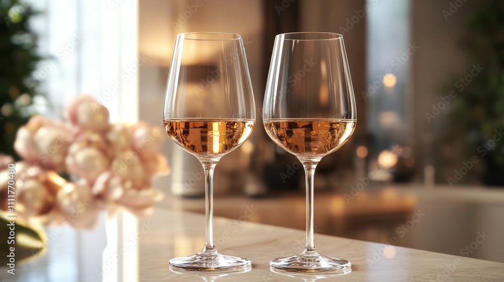 Elegant Glasses of Rosé Wine on a Table with Beautiful Decor Elegant Glasses of Rosé Wine on a Table with Beautiful Decor
