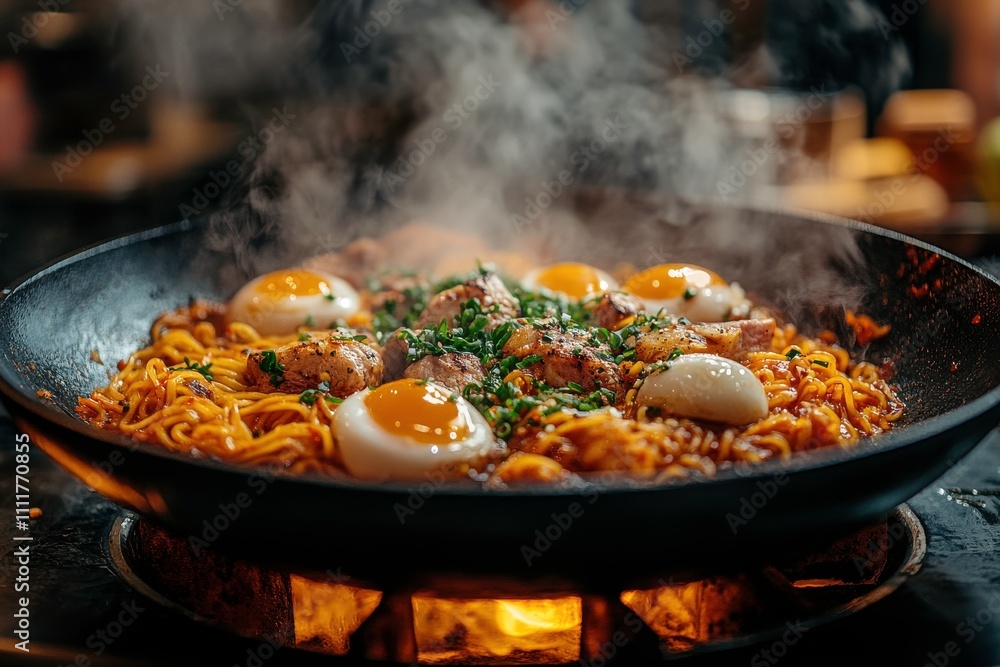 A steaming bowl of noodles topped with eggs and herbs, showcasing a delicious meal. A steaming bowl of noodles topped with eggs and herbs, showcasing a delicious meal.