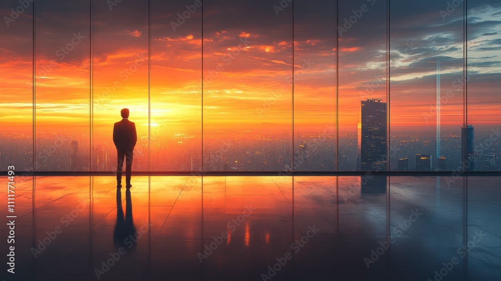 Manager standing in an empty office staring out of the window. Manager standing in an empty office staring out of the window.