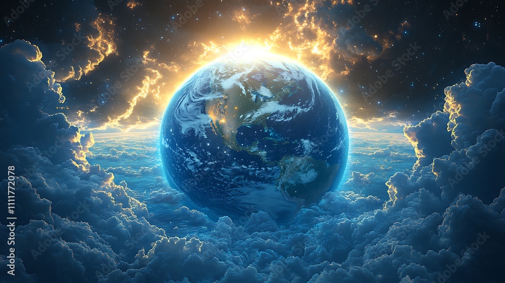 Earthrise above clouds, sun rays, cosmic view. Earthrise above clouds, sun rays, cosmic view.