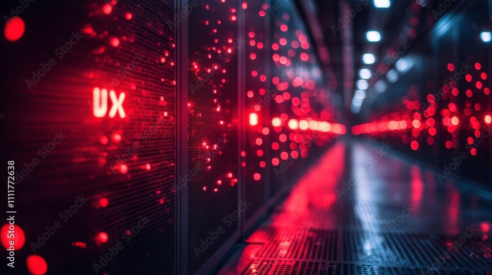 A corridor of servers illuminated with glowing lights, showcasing technology and data processing. A corridor of servers illuminated with glowing lights, showcasing technology and data processing.
