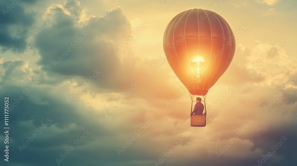 Naklejka premium flight of ideas. Creative concept of the idea light bulb represented as hot air balloon with businessman aboard , vector